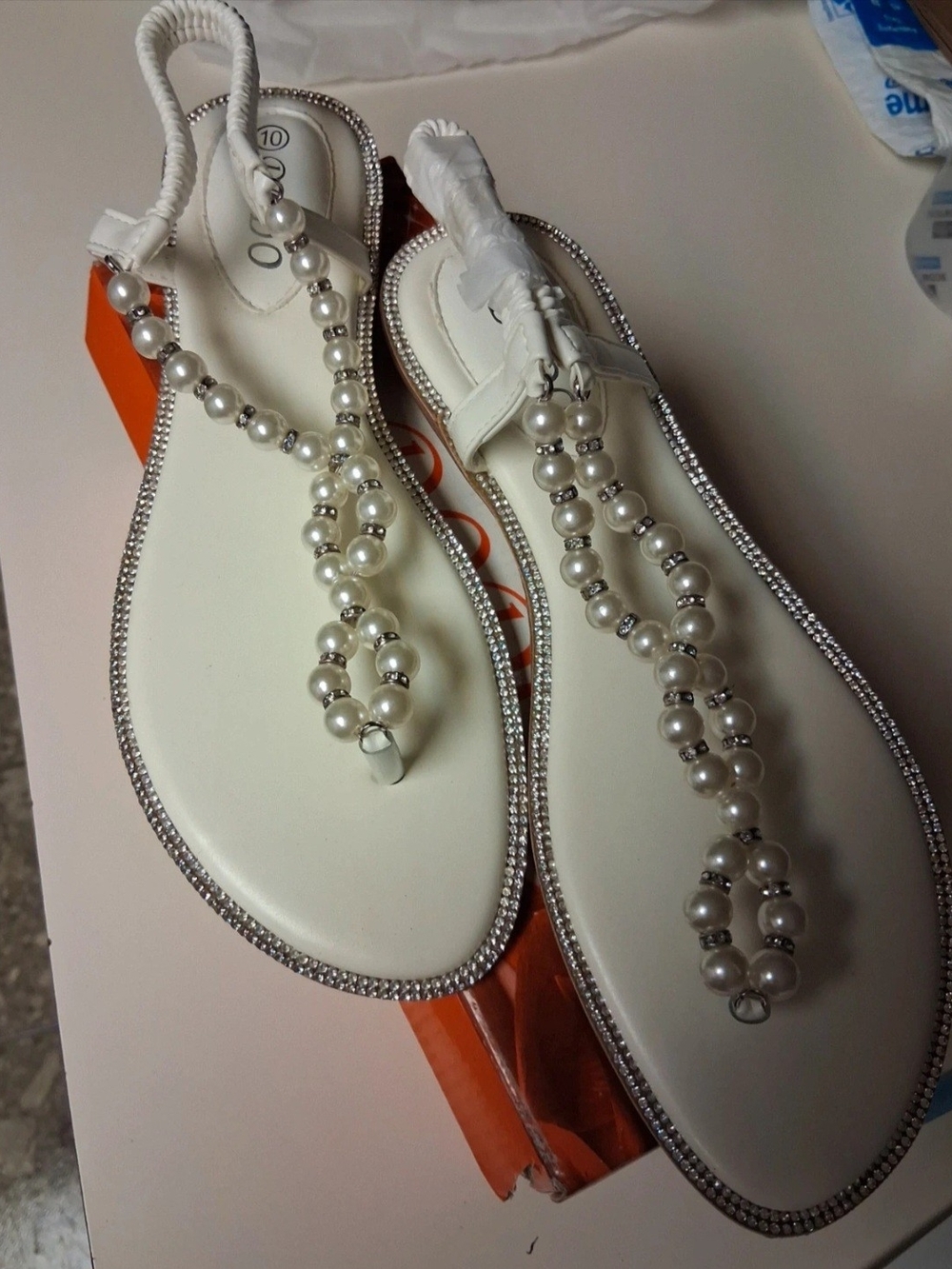 Dodo Women's White Pearl Embellished T-Strap Sandals